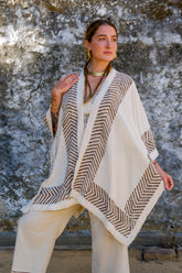 Poncho en yute y estampado blockprint Maya