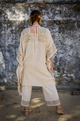 Poncho en Yute y estampado blockprint Samira