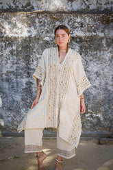 Poncho en Yute y estampado blockprint Samira